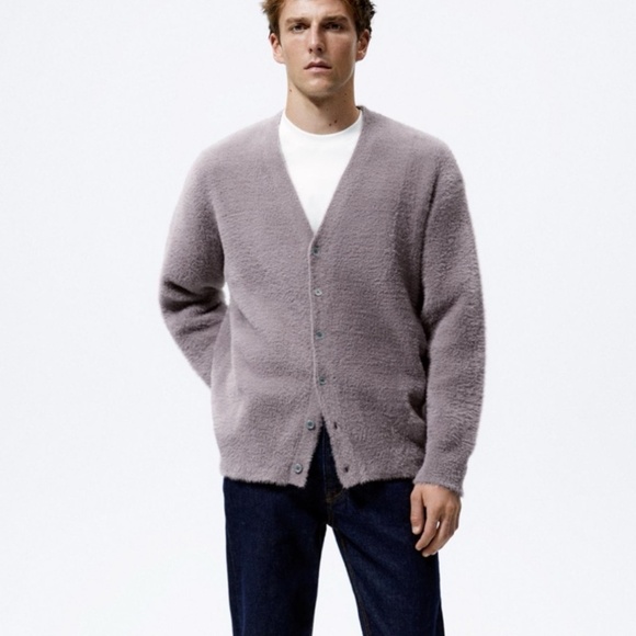 Zara men’s soft textured cardigan dusty mauve sz L NWT - Picture 3 of 8